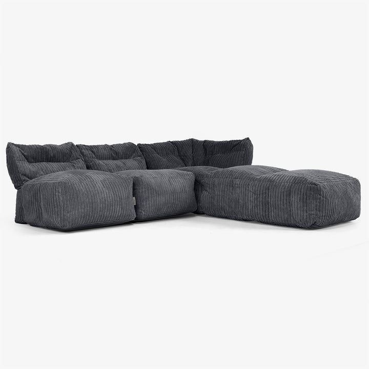 Sofá Modular de 3 Plazas con Chaise Longue, sin Brazos - Pana Clásica Negro 02