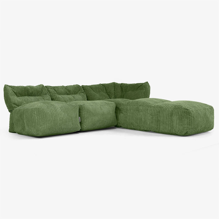 Sofá Modular de 3 Plazas con Chaise Longue, sin Brazos - Pana Clásica Bosque Verde 02