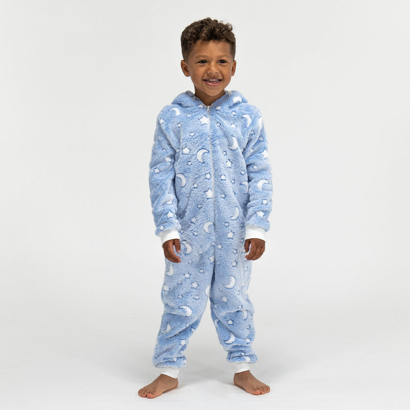 Pijama mono polar Estrellas y Lunas Infantil, diseño con capucha, 5-10 años,  Azul / Blanco– Big Bertha Original ES
