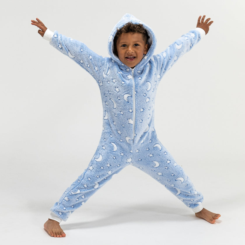 Pijama mono polar Estrellas y Lunas Infantil, diseño con capucha, 5-10 años,  Azul / Blanco– Big Bertha Original ES