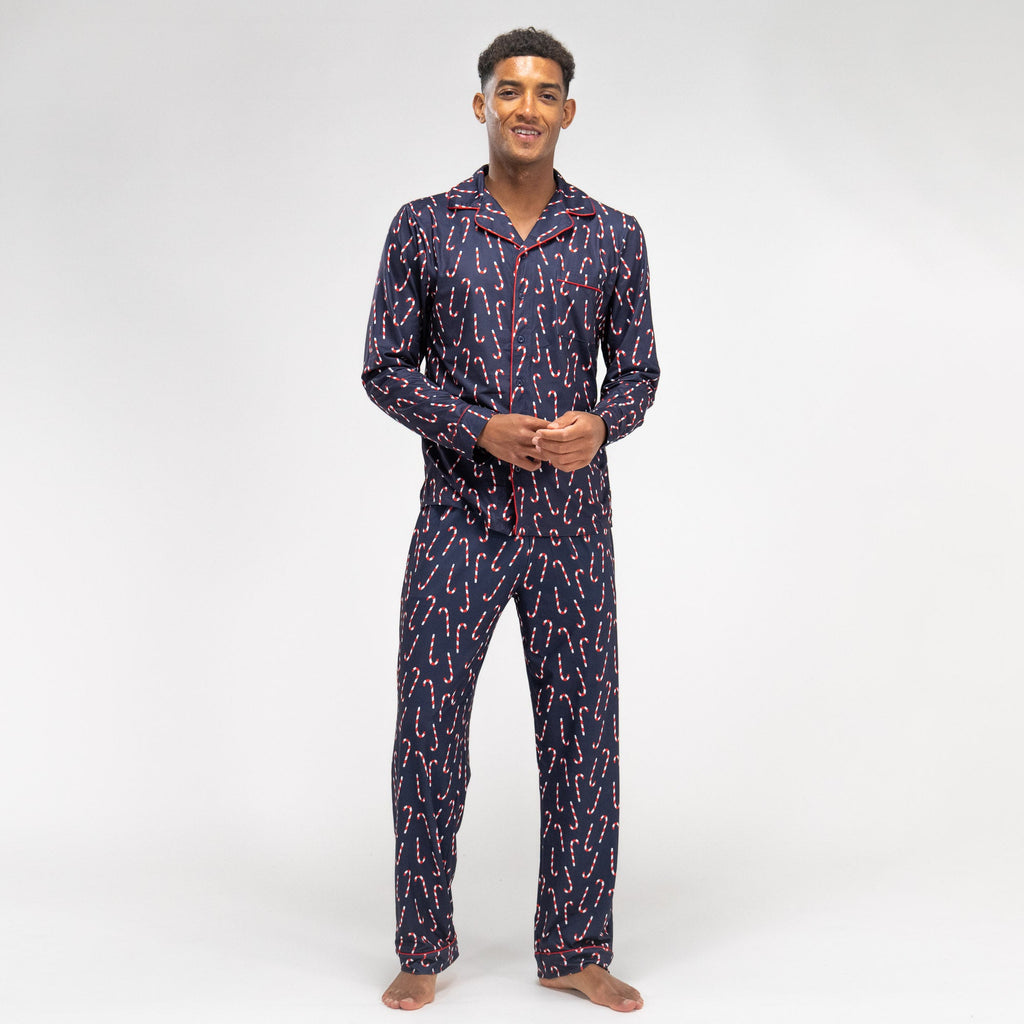 Pijama Navidad de Hombre Bastón de Caramelo larga y pantalón conjunto, Talla: S-XL, Azul marino– Big Bertha Original ES