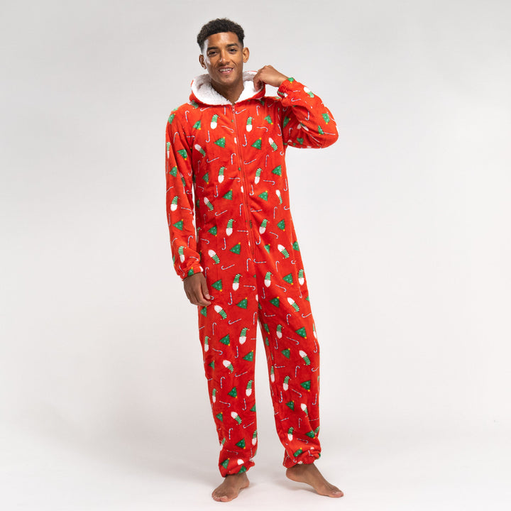Pijama mono polar estampado navideño rojo para hombre 01