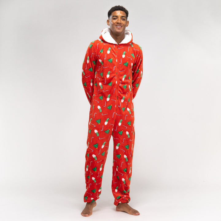 Pijama mono polar estampado navideño rojo para hombre 02