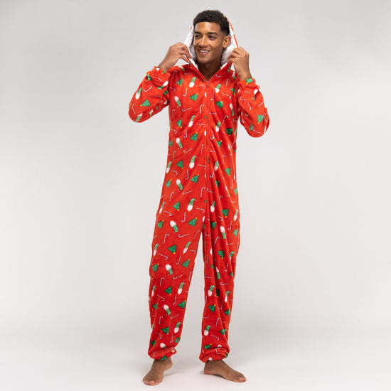 Pijama mono polar estampado navideño rojo para hombre 03