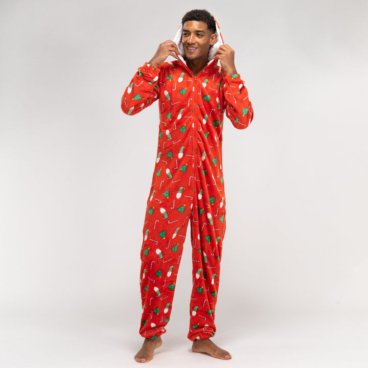 Pijama mono polar estampado navideño rojo para hombre 03