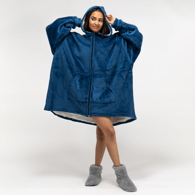 Sudadera Tipo Manta con cremallera y capucha extragrande para Hombre o Mujer - Tela Minky Lisa Azul oscuro 01
