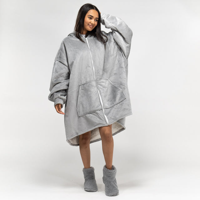 Sudadera Tipo Manta con cremallera y capucha extragrande para Hombre o Mujer - Tela Minky Lisa Gris 01