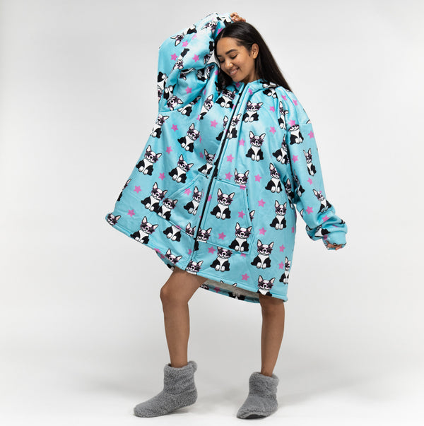 Sudadera Tipo Manta con cremallera y capucha extragrande para Hombre o Mujer - Tela Minky Lisa Pug 01