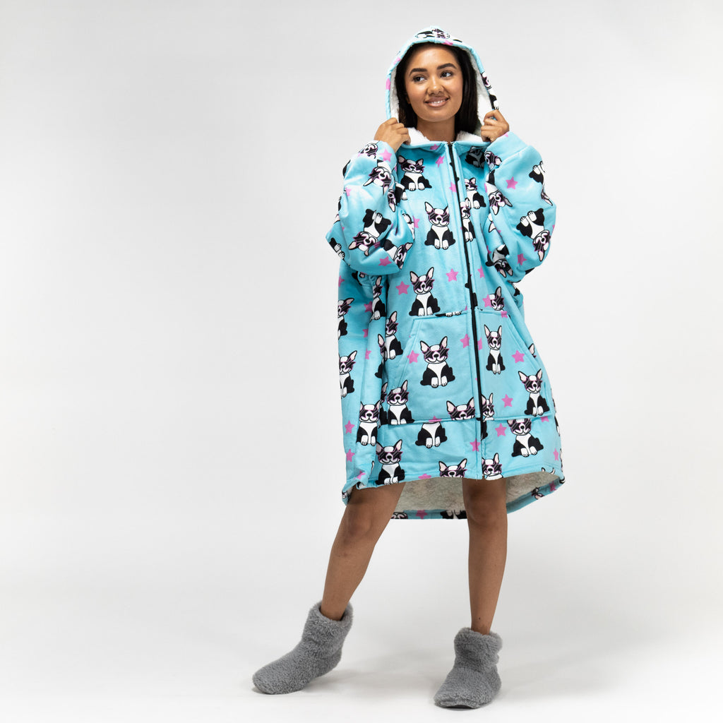 Sudadera Tipo Manta con cremallera y capucha extragrande para Hombre o Mujer - Tela Minky Lisa Pug 02