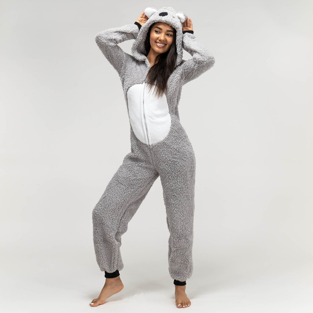 Pijama mono polar Koala para mujer, diseño con Talla: S-XL, Gris Blanco– Big Bertha Original ES