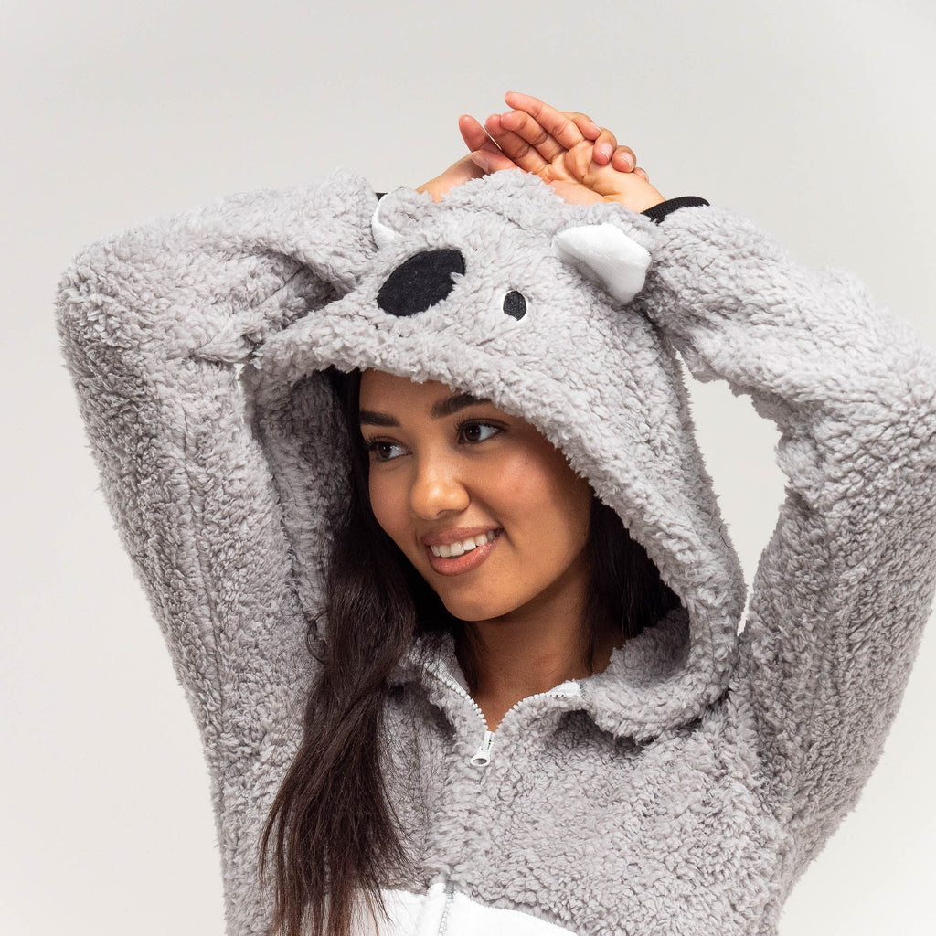Pijama mono polar Koala para mujer, diseño con capucha, S-XL, Gris / Big Bertha Original ES