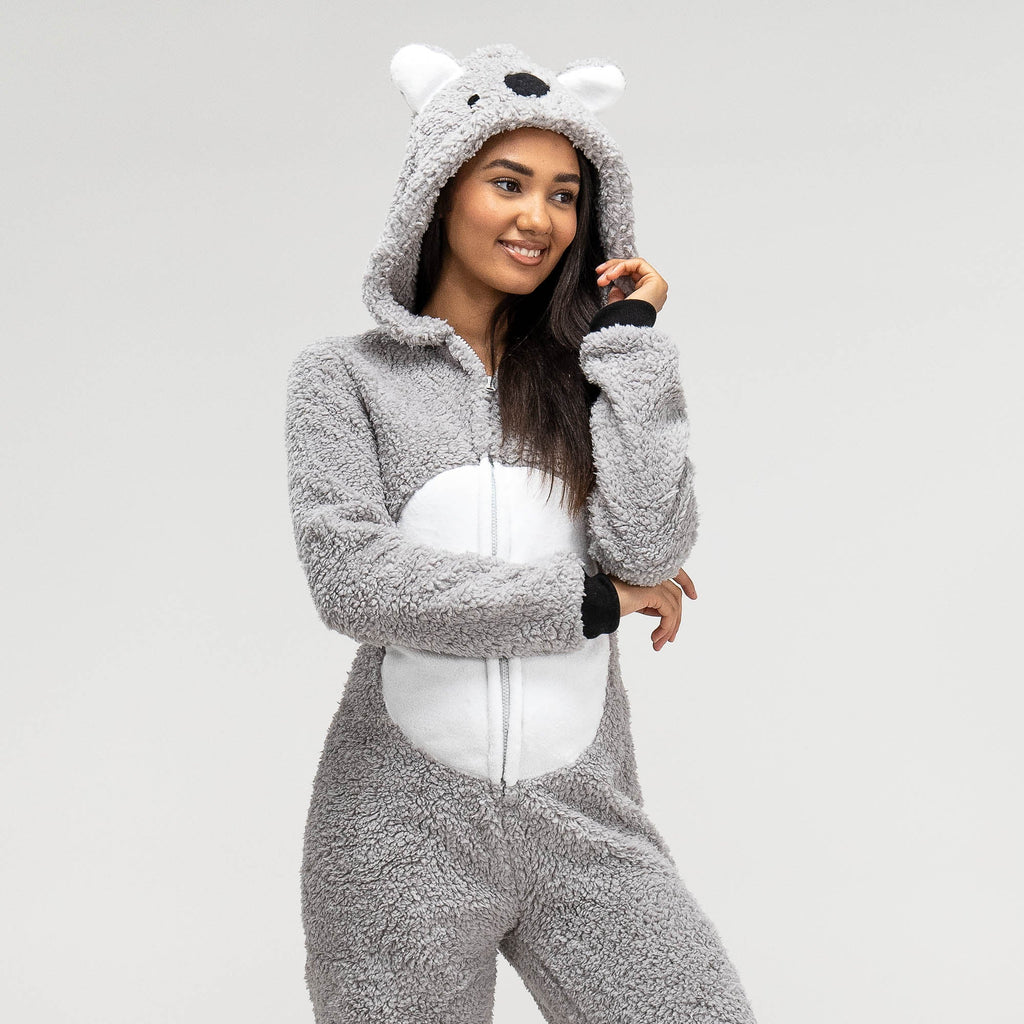 Pijama mono polar Koala para mujer, diseño con Talla: S-XL, Gris Blanco– Big Bertha Original ES