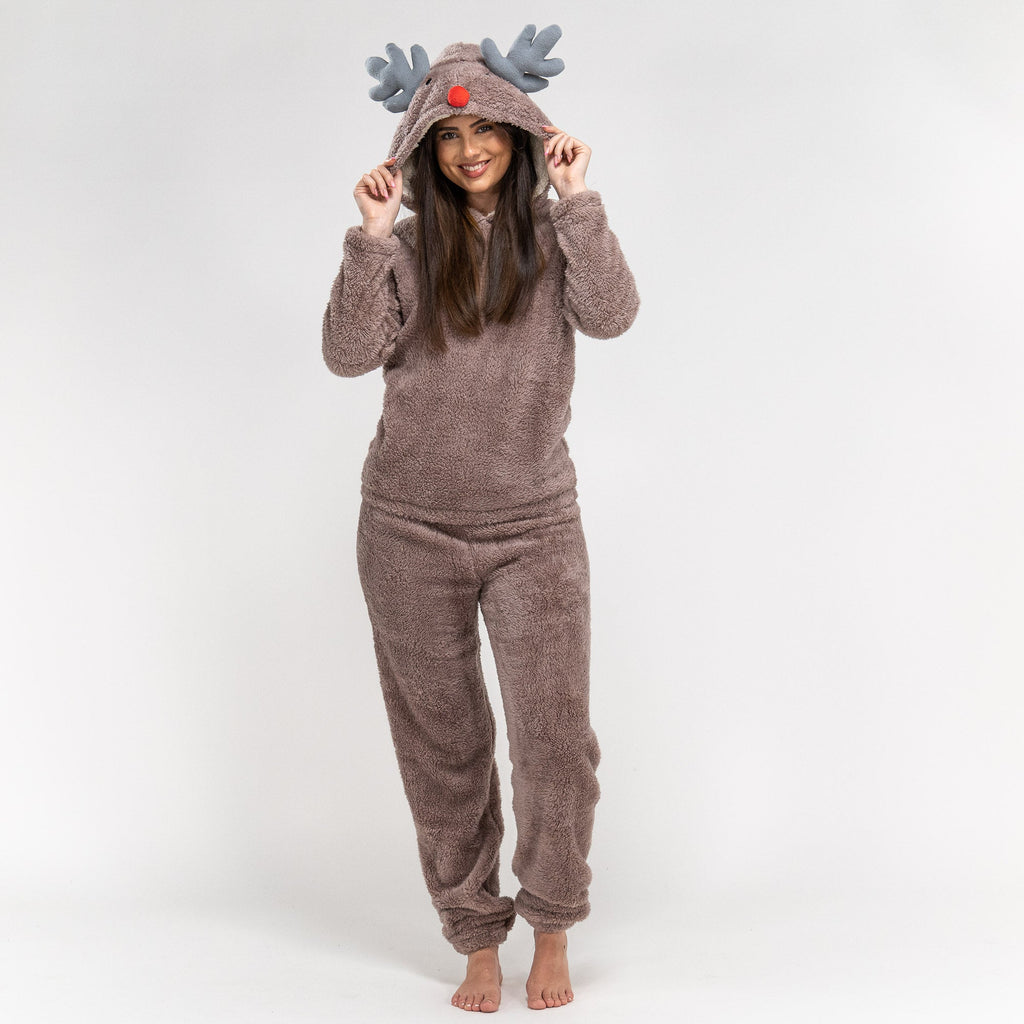 Conjunto Pijama mono polar Reno para mujer, diseño con capucha, Talla: S-XL, Marrón / Crema– Bertha Original ES