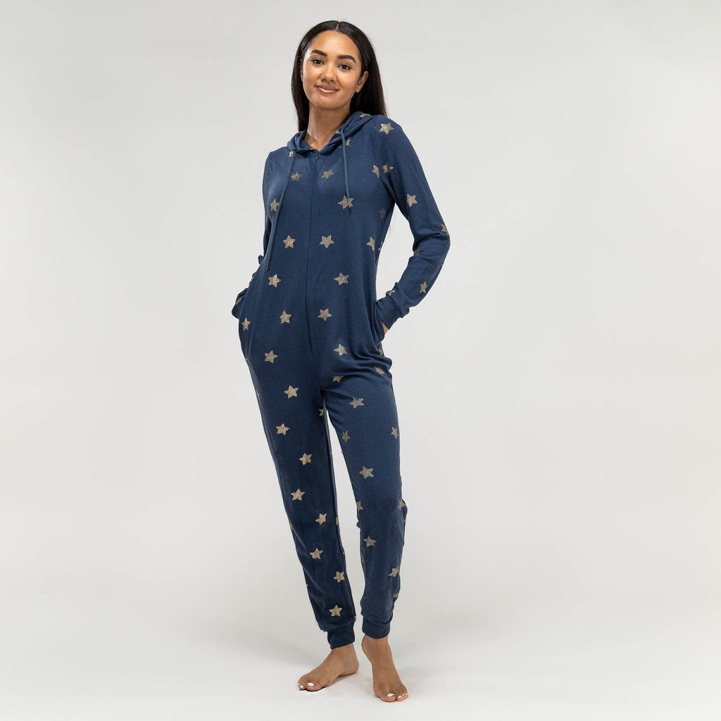 Pijama mono Azul con estrellas doradas para mujer 01