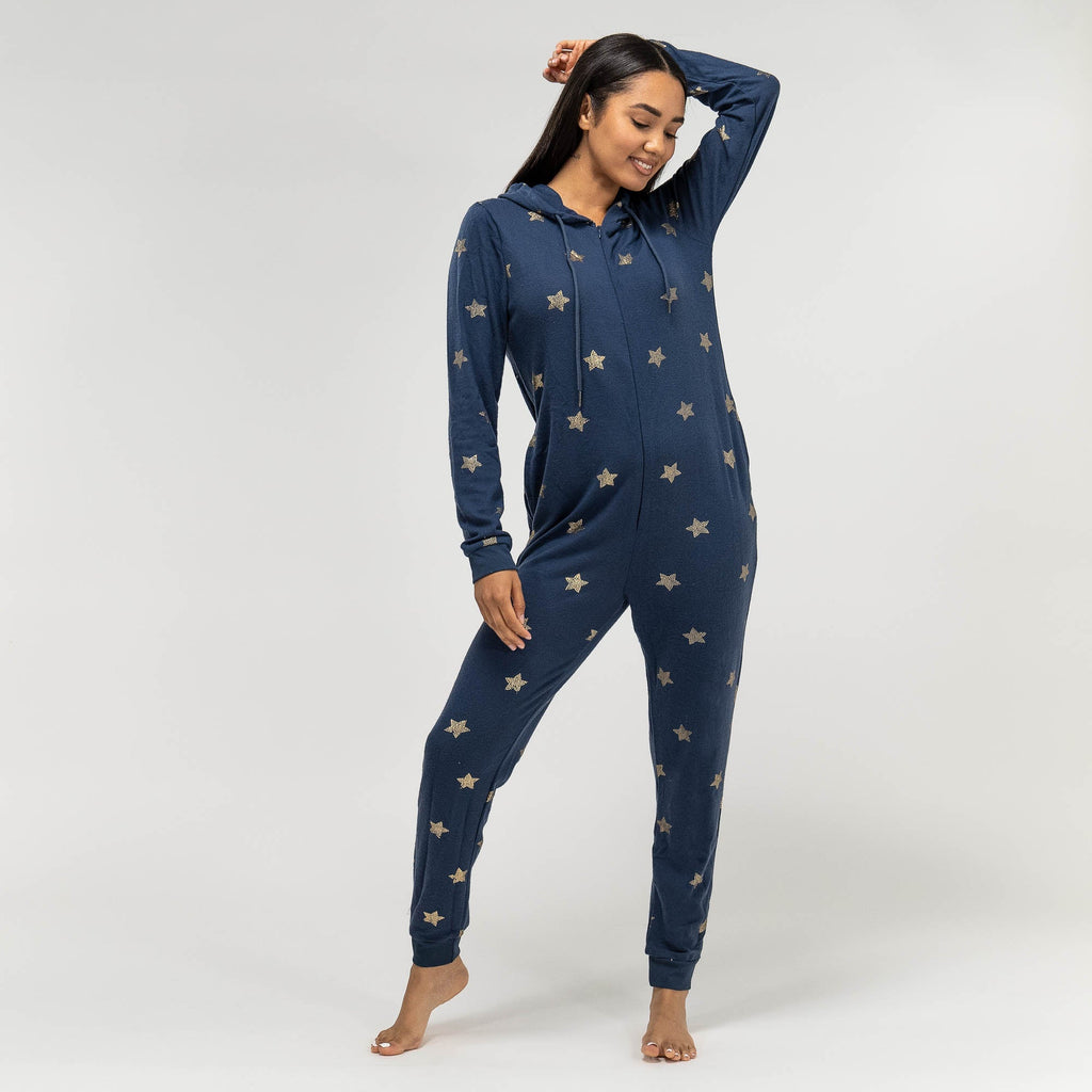 Pijama mono Azul con estrellas doradas para mujer 04