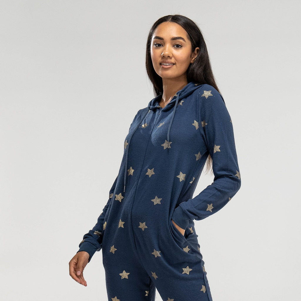 Pijama mono Azul con estrellas doradas para mujer 05